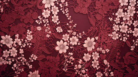 Dark red lace texture with white flowers.の素材