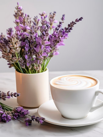 Cup of cappuccino and bouquet of lavender flowers in a vase on white table.の素材