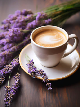 Cup of cappuccino and bouquet of lavender flowers on a wooden table.の素材