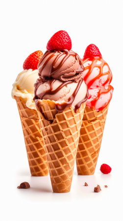 Three ice cream wafer cones with chocolate and strawberry flavors on white background.の素材