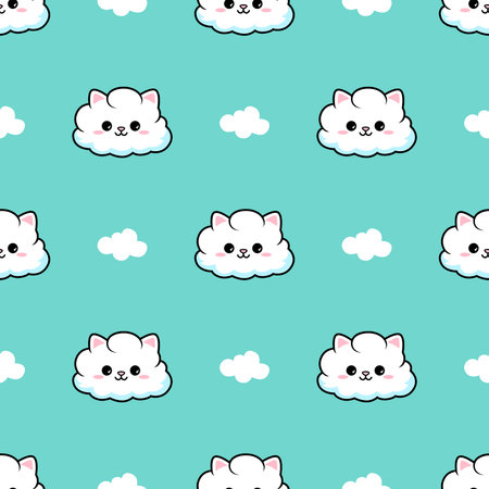 Seamless pattern with cute white cats in the shape of clouds on blue background.のイラスト素材