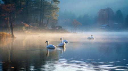 Swans are swimming on the lake.の素材