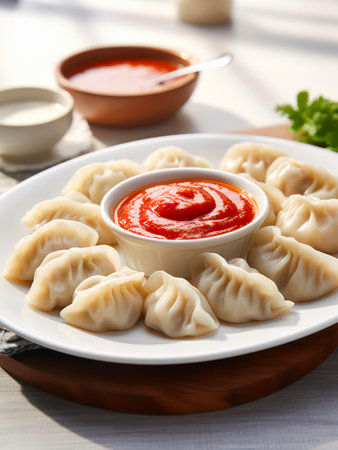 Plate of dumplings with tomato sauce.の素材