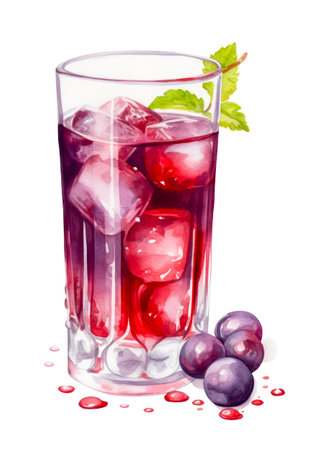 Watercolor illustration of a red grape juice isolated on white background.の素材