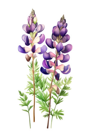 Watercolor illustration of lupine flowers isolated on white background.の素材