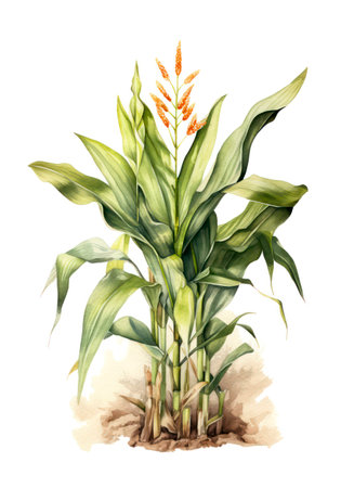 Watercolor illustration of a growing corn plant isolated on white background.の素材