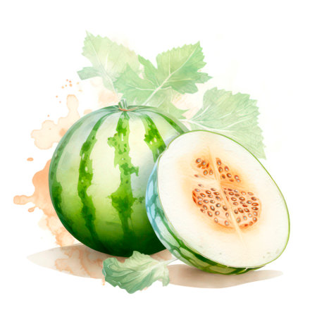 Piece of melon and whole watermelon on white background. Watercolor food illustration.の素材