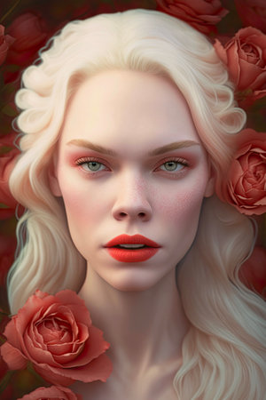 Portrait of a beautiful blonde woman among red roses.の素材