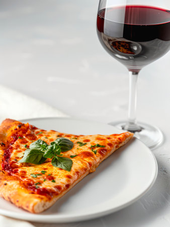 Plate with piece of cheese pizza and glass of red wine on a table.の素材