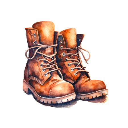 Brown leather boots isolated on white background in watercolor style.の素材
