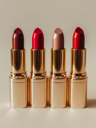 Set of lipsticks in golden tubes.の素材
