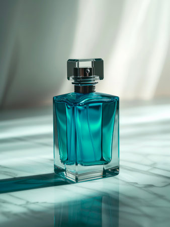 Blue bottle of perfume. Minimal perfumery banner.の素材