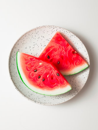 Slices of watermelon on a plate on white background, top view.の素材