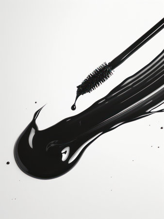 Mascara applicator and black swatch on white background.の素材