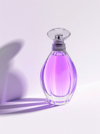 Bottle of purple perfume on white background. Minimal perfumery banner.の素材
