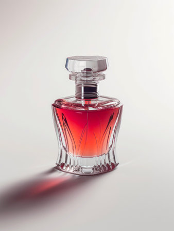 Elegant bottle of red perfume on white background. Minimal perfumery banner.の素材
