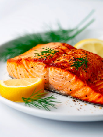 Plate of grilled salmon steak with lemon.の素材