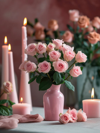 Composition of burning candles and bouquet of pink roses in a vase on a table.の素材
