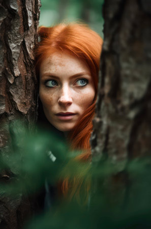 Young beautiful woman with red hair and freckles is hiding behind trees in the forest.の素材