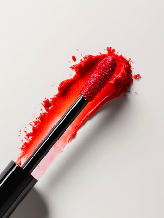 Red lip gloss and swatch on white background.の素材