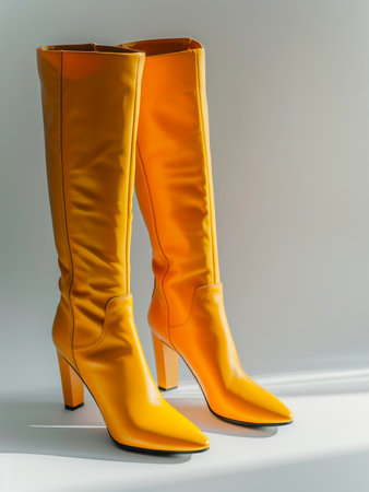 Yellow leather knee high boots on white background.の素材