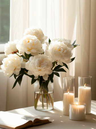 Composition of burning candles and bouquet of white peonies in a vase on a table.の素材