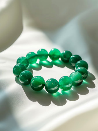 Bracelet with green emerald beads on white silk background.の素材