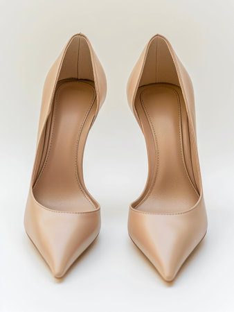 Pair of beige leather high heel shoes on white background.の素材