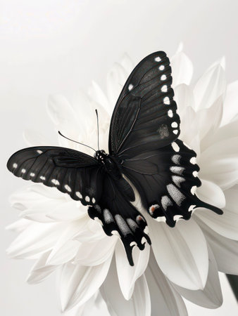 Black butterfly feeding on white flower.の素材