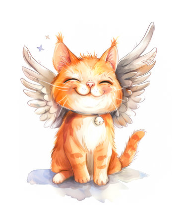 Watercolor illustration of a cute smiling orange cat with angel wings on white background.の素材