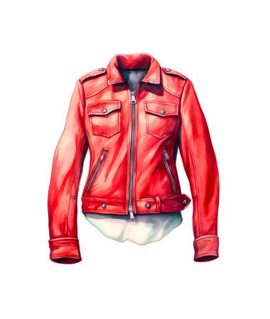 Red leather jacket isolated on white background in watercolor style.の素材