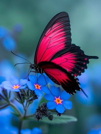 Close-up red and black butterfly feeding on blue flowers.の素材