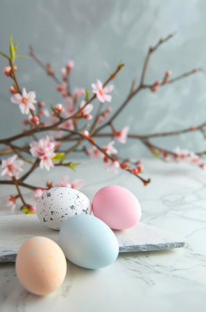 Colored easter eggs and branch with flowers, still life composition.の素材