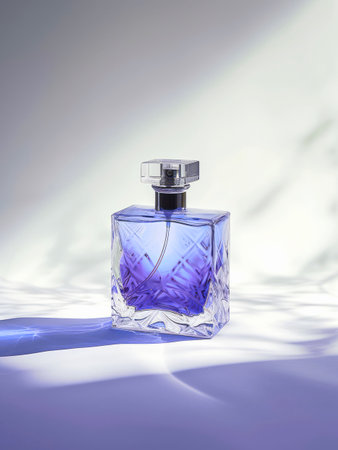 Elegant glass bottle of blue perfume. Minimal perfumery banner.の素材