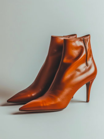 Red high heel ankle boots on white background.の素材