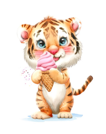 Watercolor illustration of a cute baby tiger eating ice cream on white background.の素材