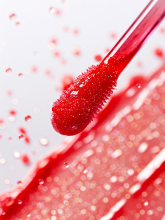 Lip gloss applicator and red glitter swatch on white background.の素材