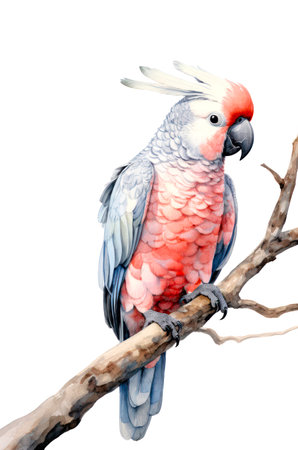 Watercolor illustration of a cockatoo parrot perched on a branch isolated on white background.の素材