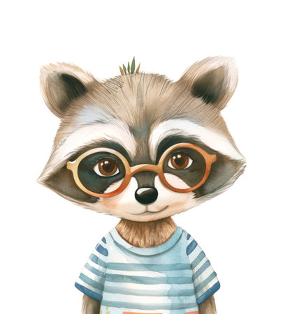 Watercolor illustration of a cute raccoon with glasses on white background.の素材