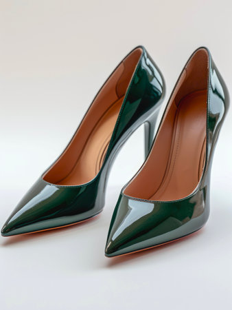 Pair of dark green high heel shoes on white background.の素材