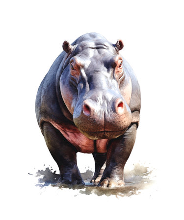 Watercolor illustration of a hippopotamus isolated on white background.の素材