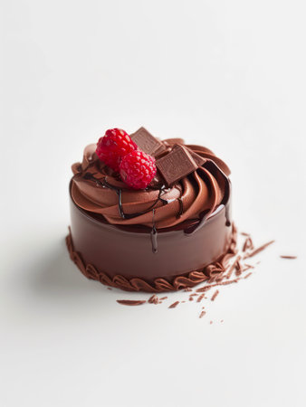 Chocolate dessert decorated with raspberries on white background.の素材