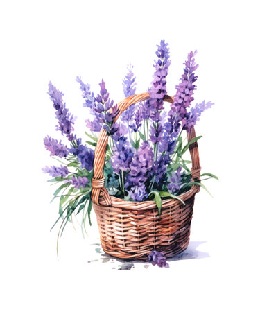 Watercolor illustration of a wicker basket with bouquet of lavender flowers isolated on white background.の素材