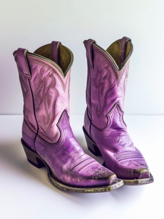 Pair of old purple cowboy boots on white background.の素材