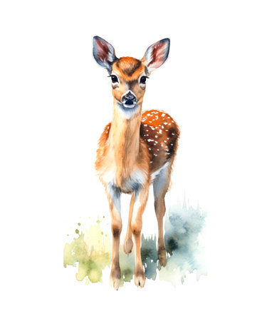 Cute young deer isolated on white background, watercolor illustration.の素材