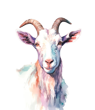 Watercolor illustration of a white goat isolated on white background.の素材