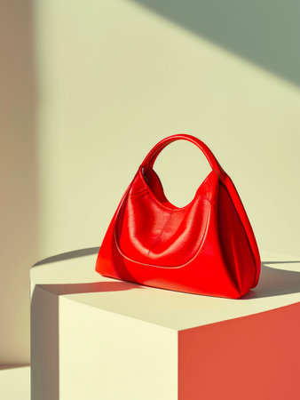 Red leather female handbag on white podium in the store.の素材
