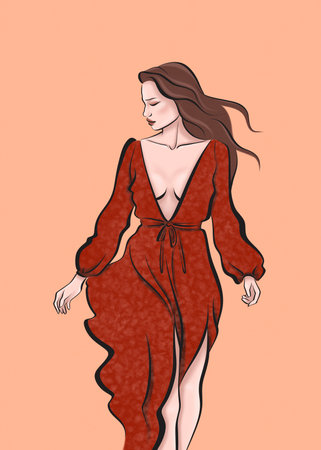 Young slim brunette woman in a red dress on peach background.の写真素材