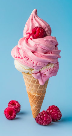 Raspberry ice cream in a wafer cone on a pastel blue background.の写真素材