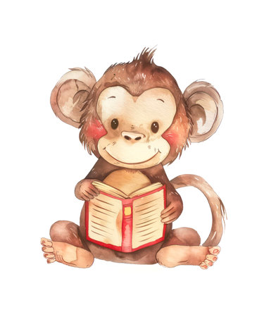 Funny cute monkey reading a book isolated on white background, watercolor illustration.の写真素材